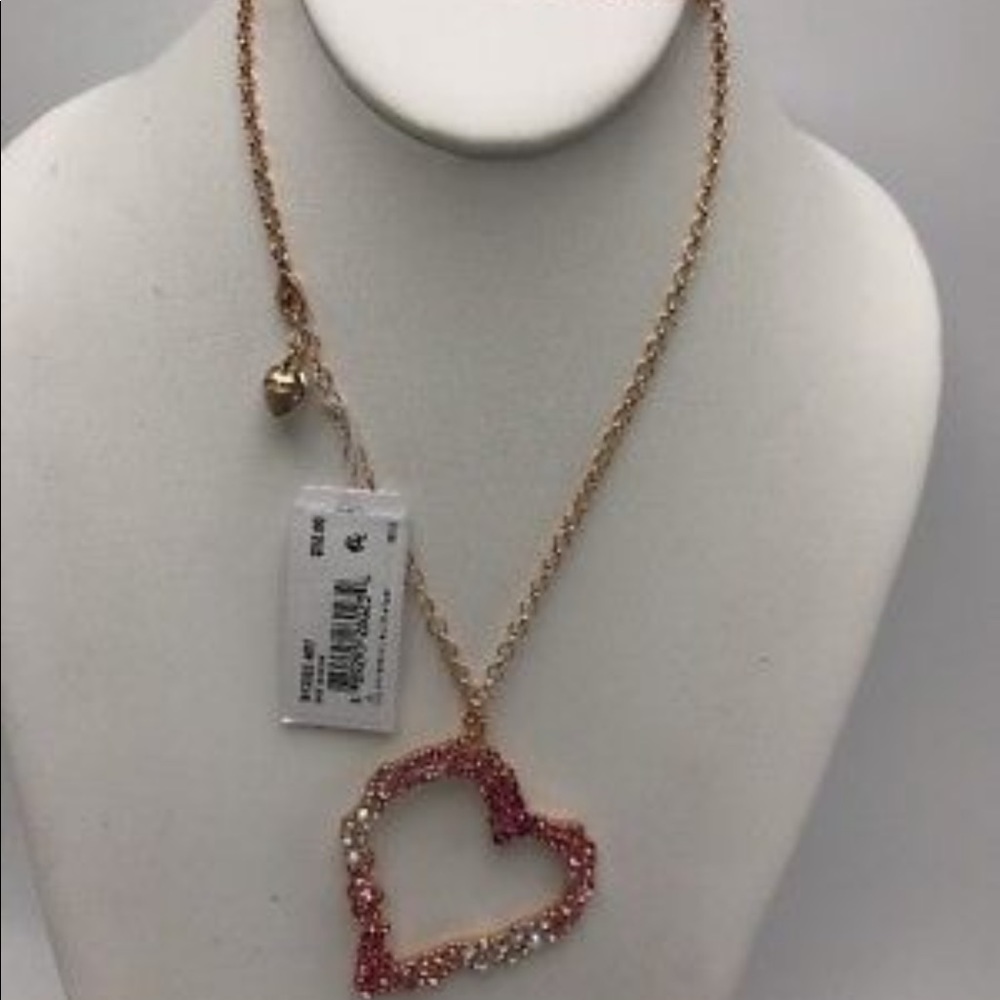 Betsey Johnson Not Your Babe HUGE Pink AB Ombre Crystal Open Heart Long Necklace